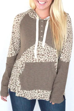 Leopard Print Contrast Ribbed Patchwork Drawstring Hoodie