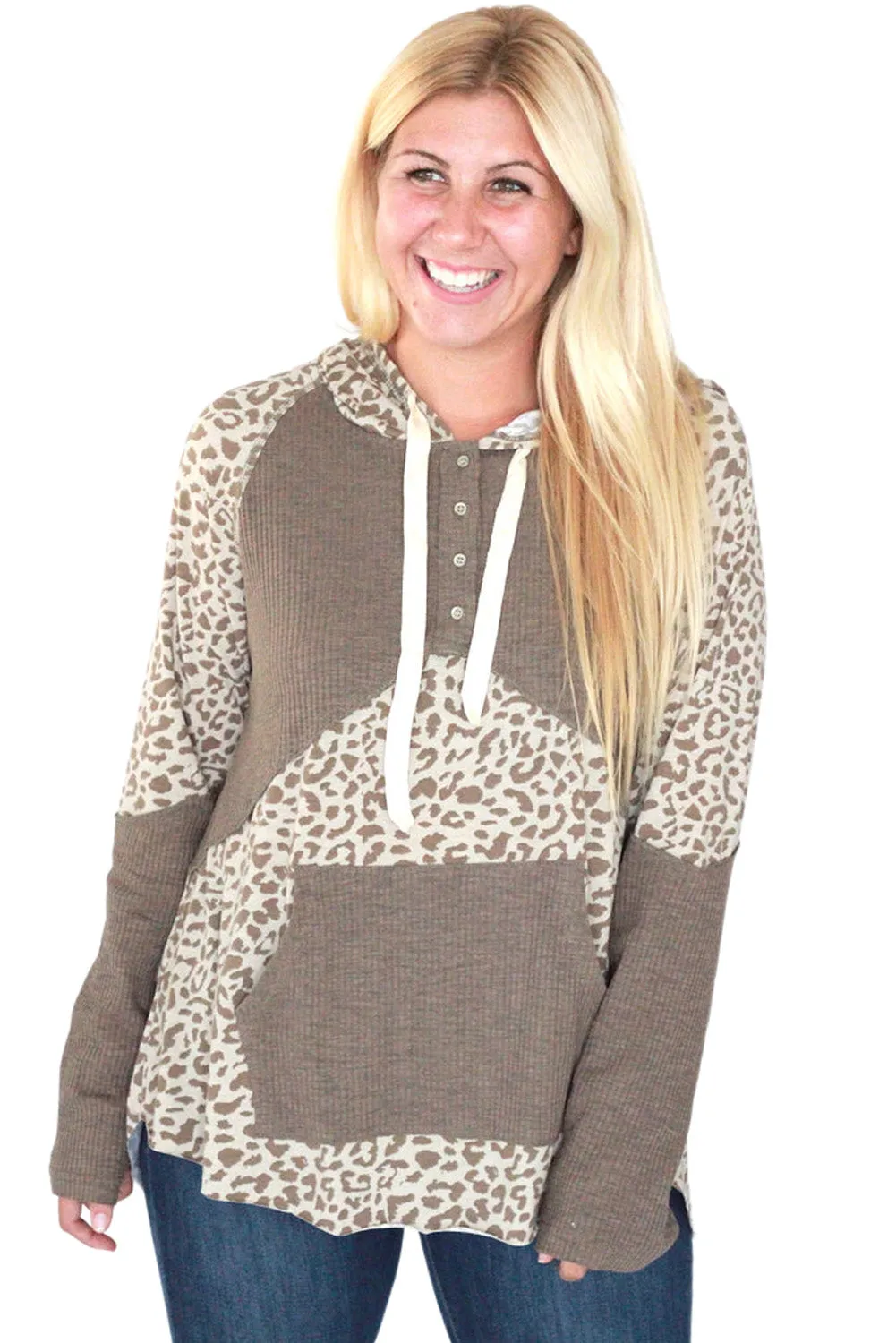 Leopard Print Contrast Ribbed Patchwork Drawstring Hoodie