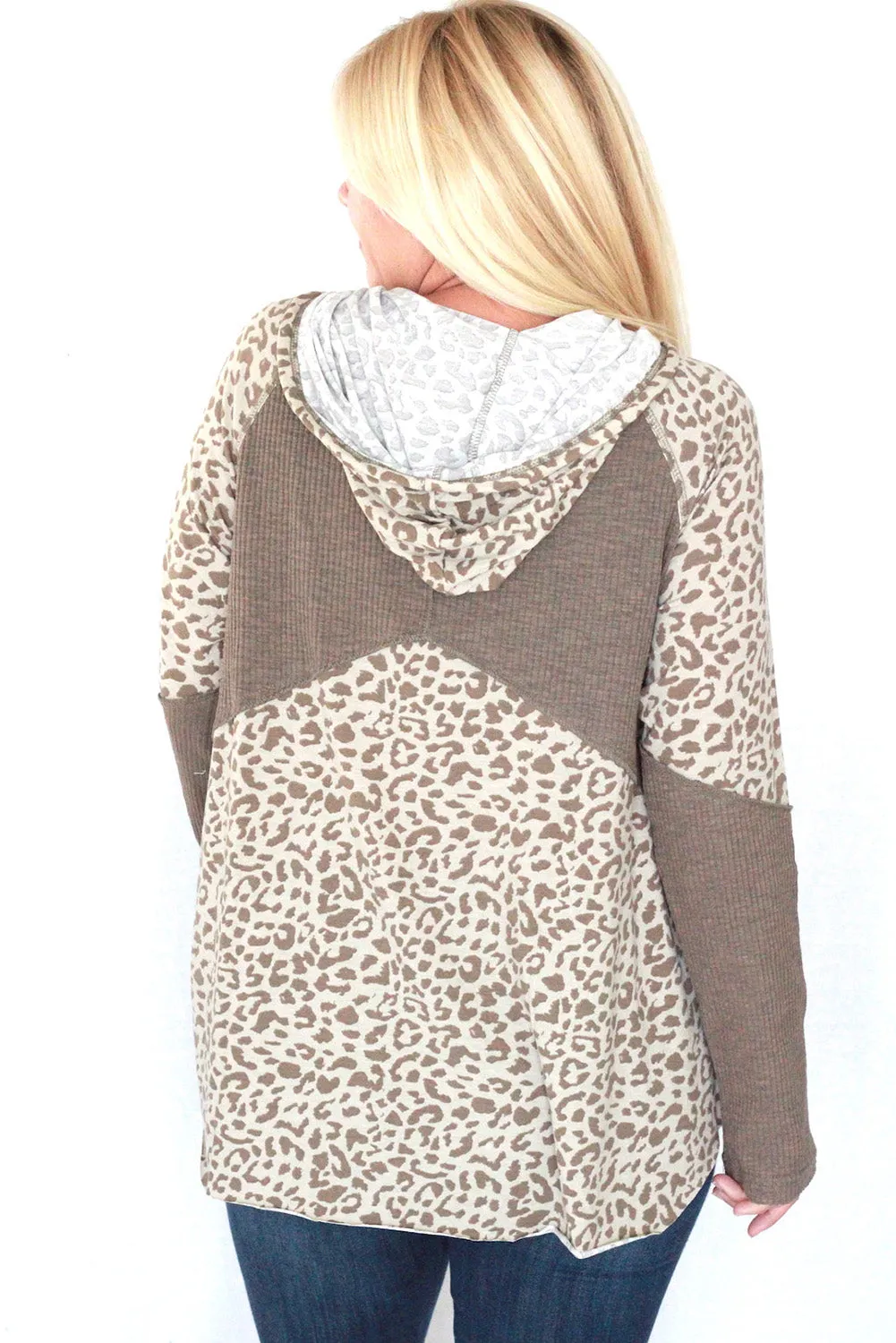 Leopard Print Contrast Ribbed Patchwork Drawstring Hoodie