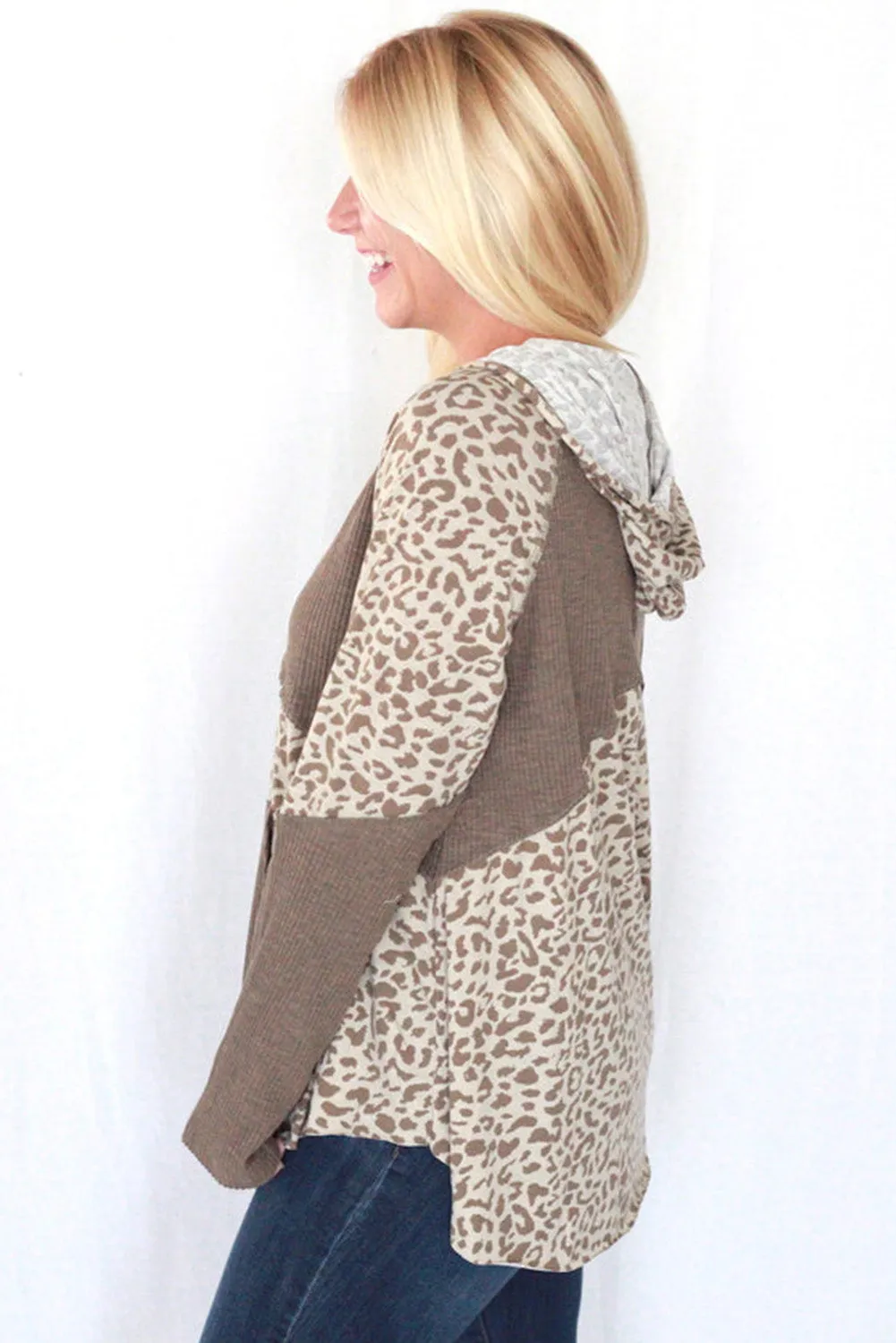 Leopard Print Contrast Ribbed Patchwork Drawstring Hoodie