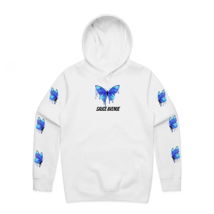 Light Blue Peace Butterfly Drip | White Hoodie (Sleeves)