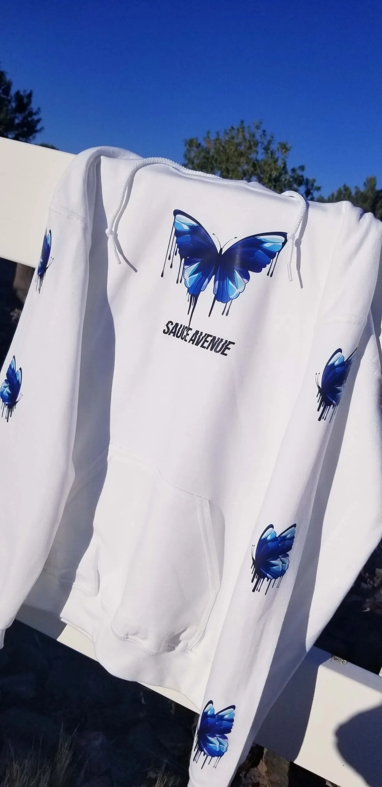Light Blue Peace Butterfly Drip | White Hoodie (Sleeves)