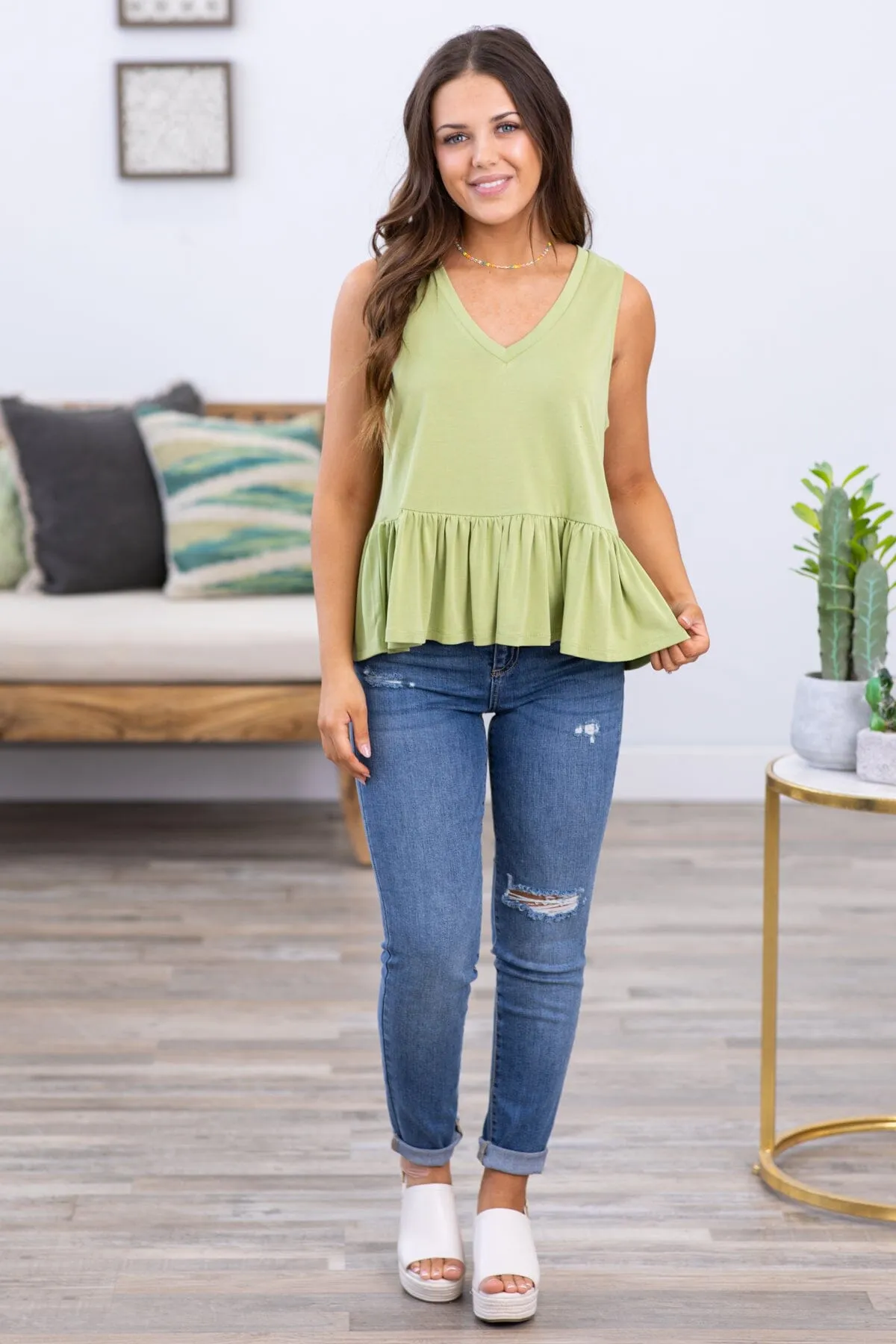 Light Olive V-Neck Ruffle Trim Peplum Tank