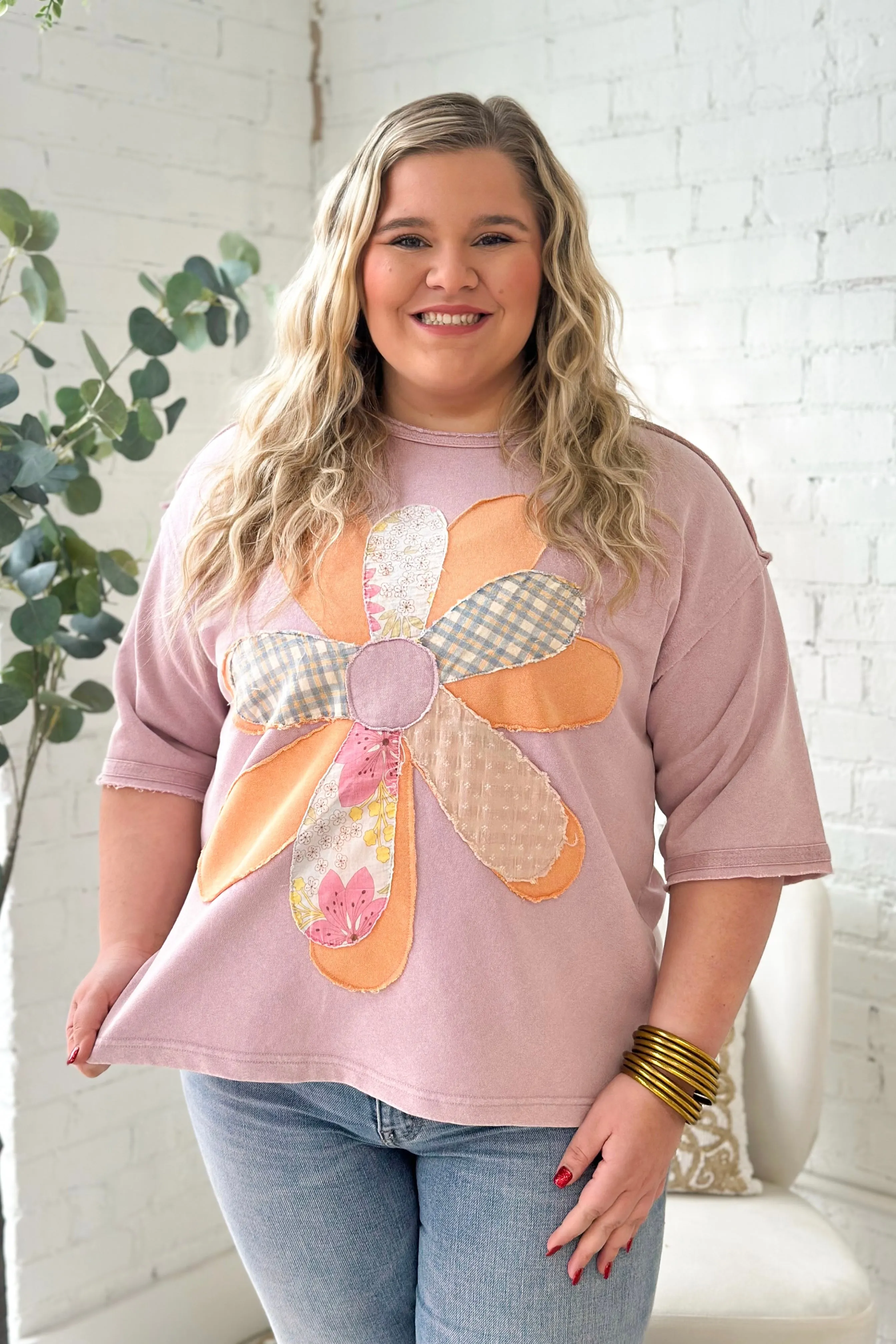 Lilac Rose Half Sleeve Flower Patch Top