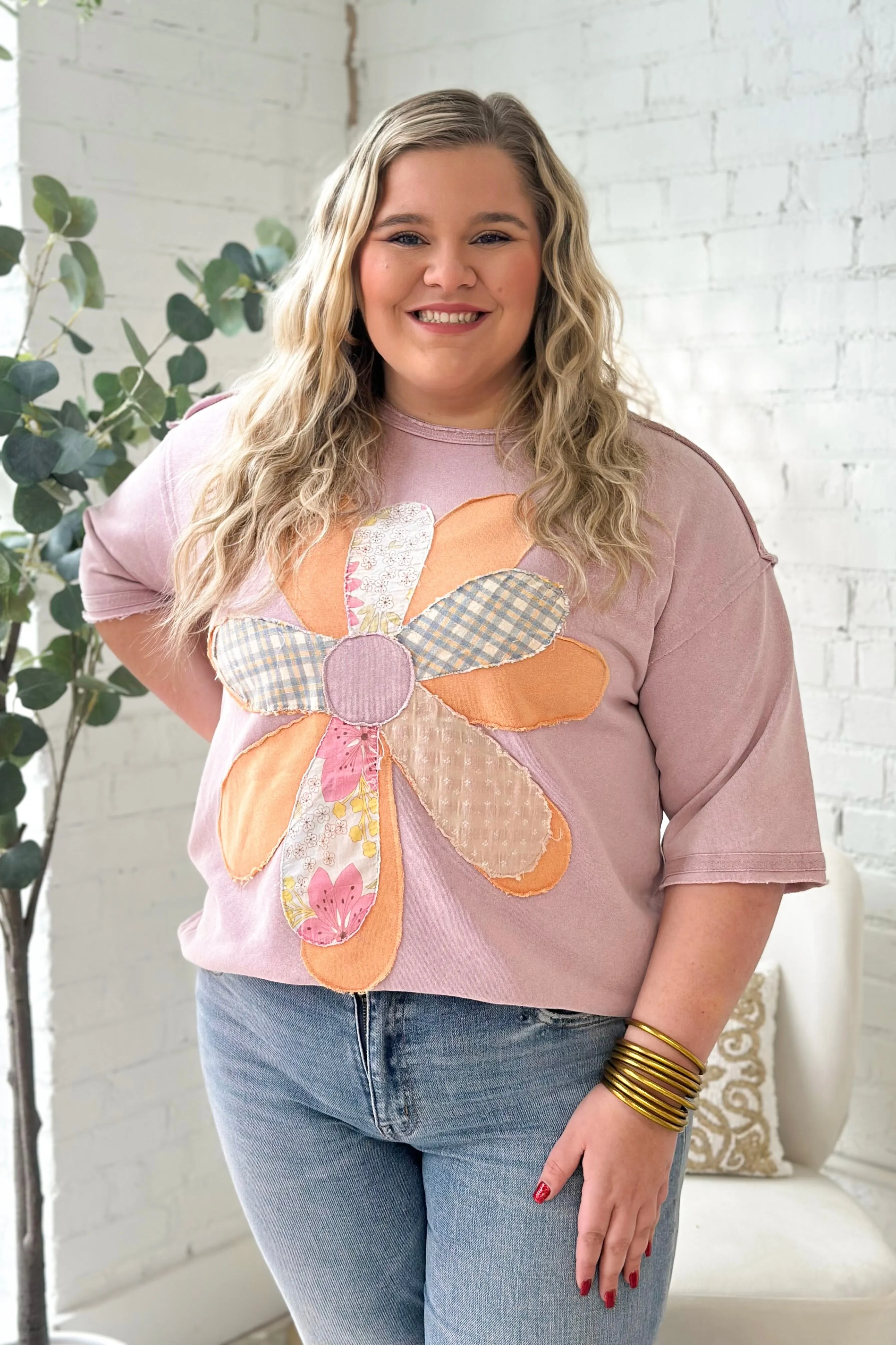 Lilac Rose Half Sleeve Flower Patch Top