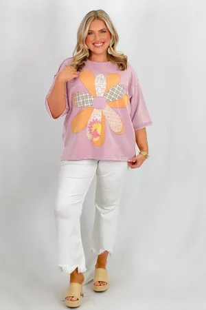 Lilac Rose Half Sleeve Flower Patch Top