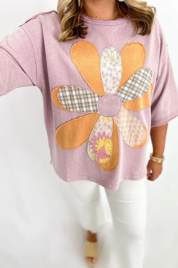 Lilac Rose Half Sleeve Flower Patch Top