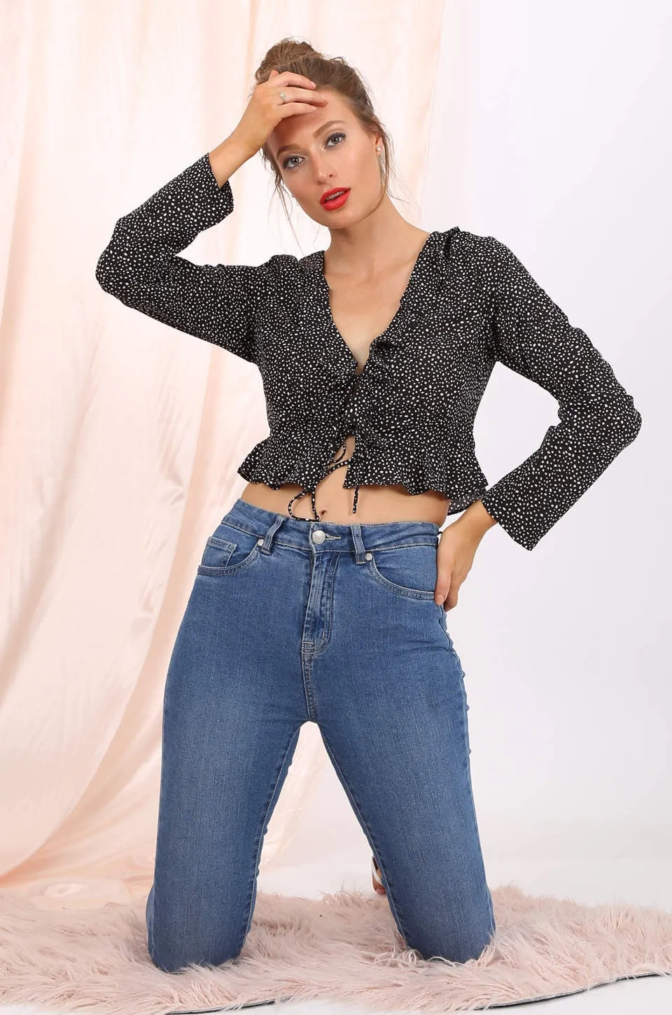 Lilly long sleeve cropped top  in black