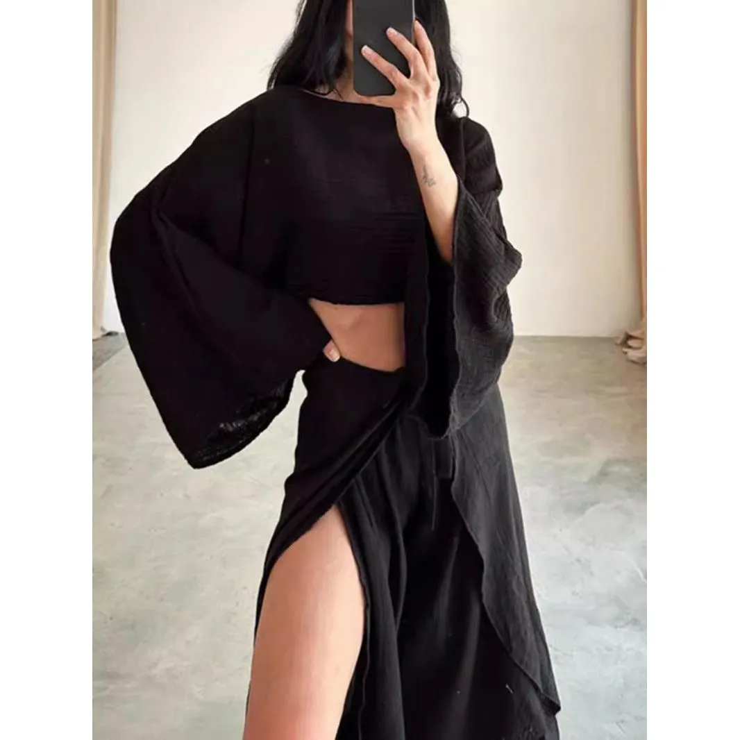 Linen Blend Crop Top Elastic Waist Ruffled Pant Set