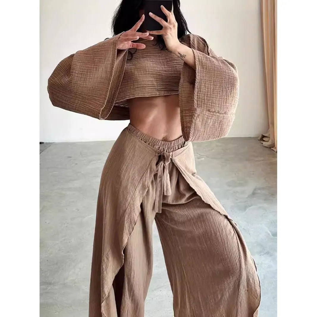 Linen Blend Crop Top Elastic Waist Ruffled Pant Set