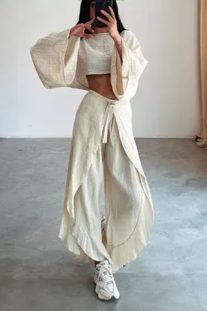 Linen Blend Crop Top Elastic Waist Ruffled Pant Set