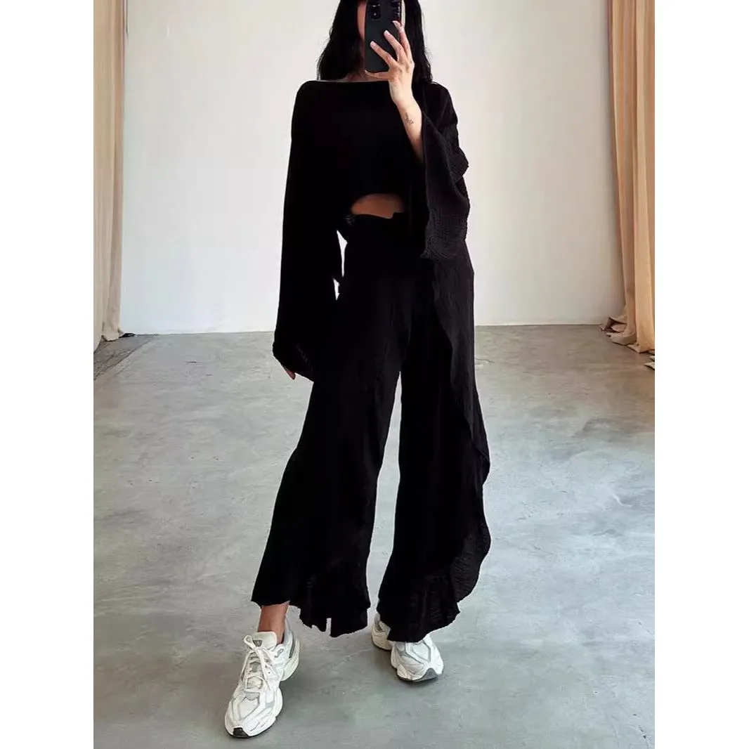 Linen Blend Crop Top Elastic Waist Ruffled Pant Set