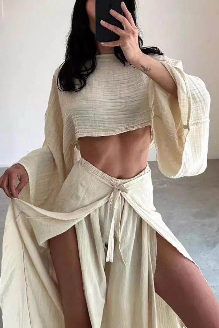 Linen Blend Crop Top Elastic Waist Ruffled Pant Set