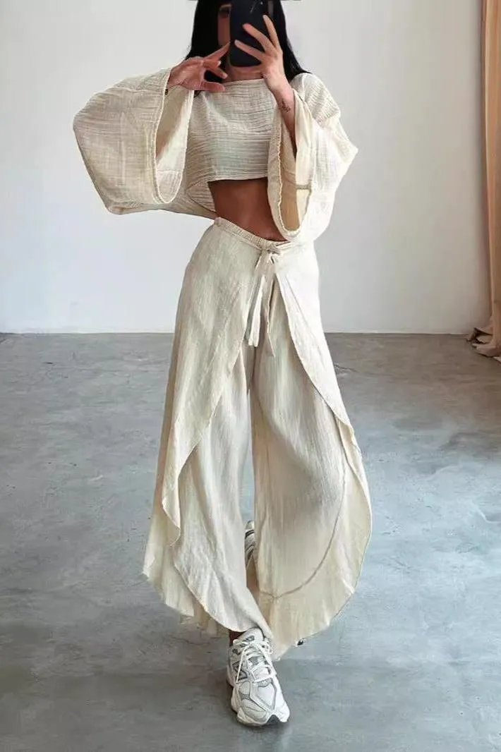 Linen Blend Crop Top Elastic Waist Ruffled Pant Set