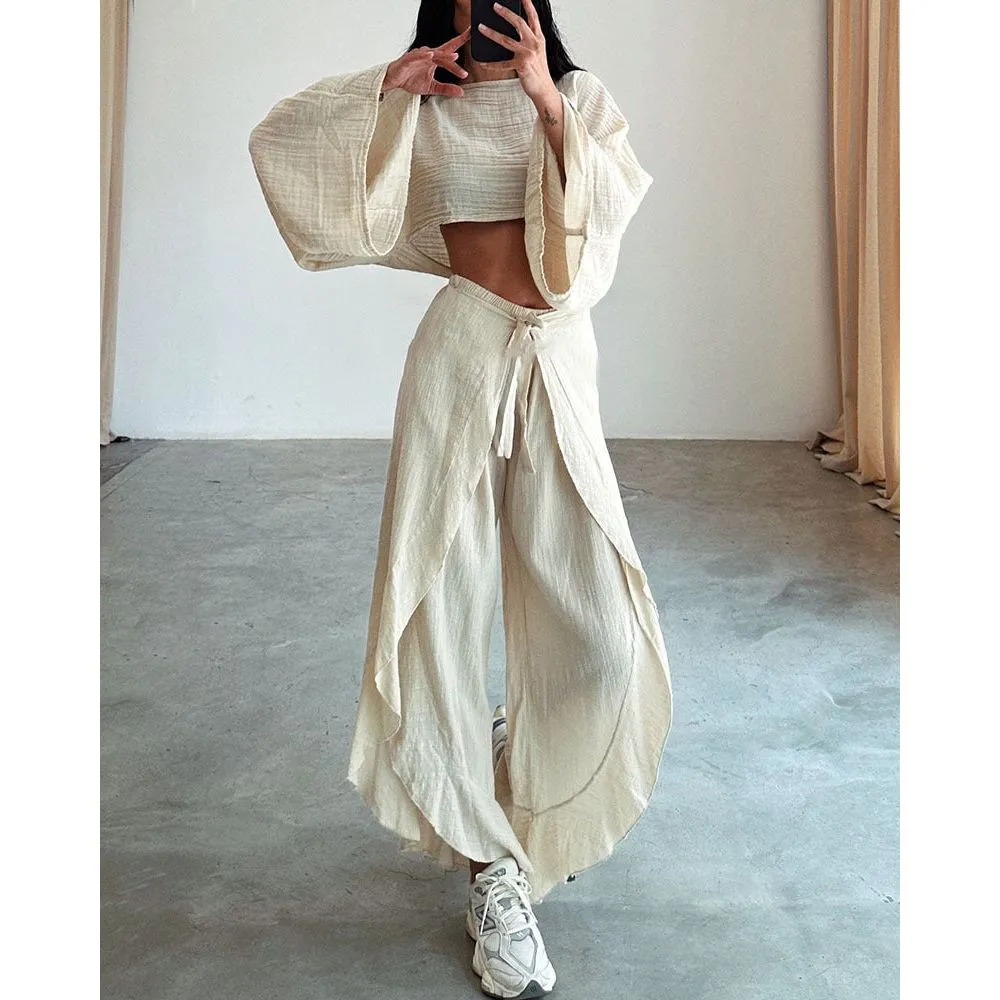 Linen Blend Crop Top Elastic Waist Ruffled Pant Set