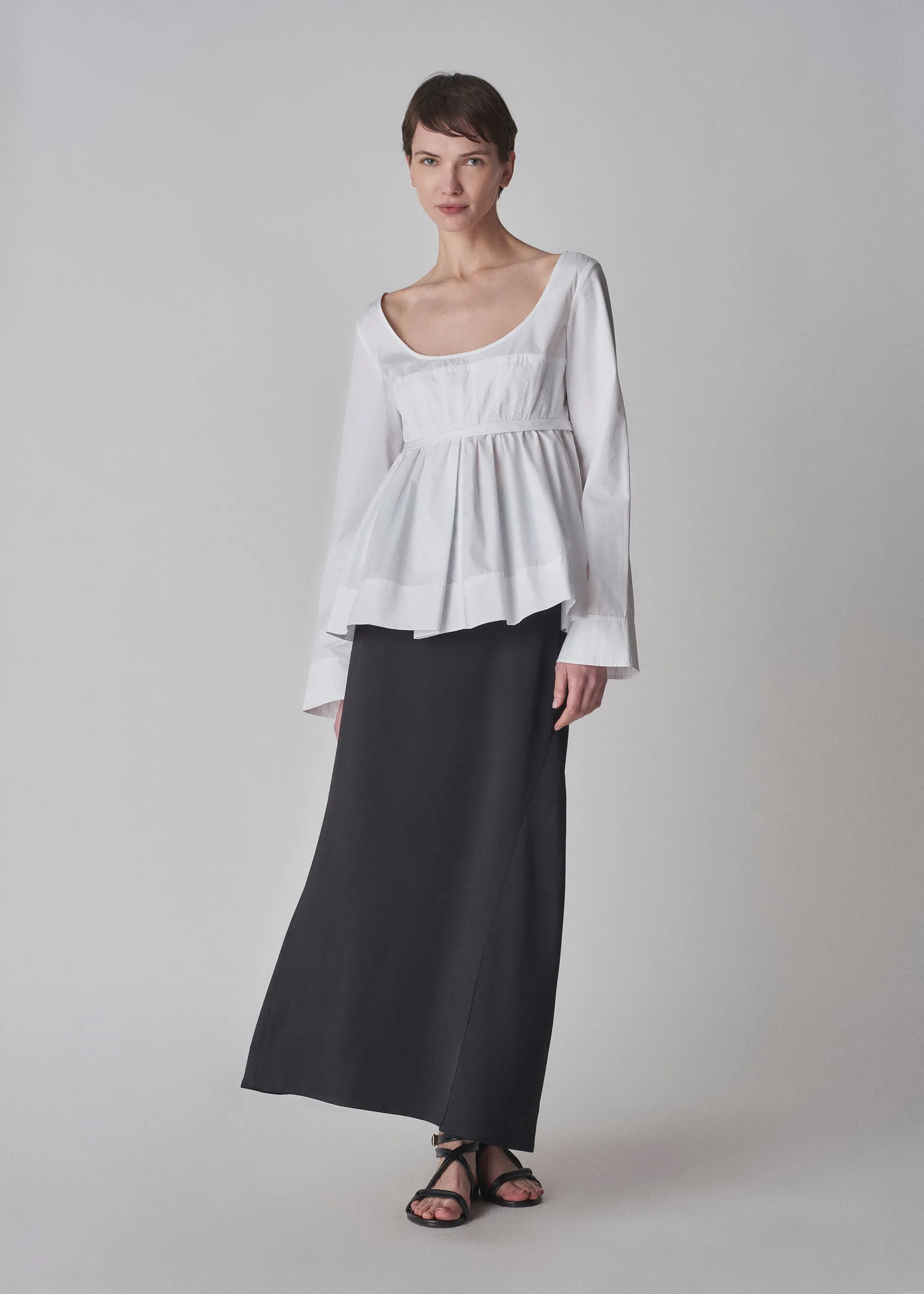 Long Peplum Skirt in Satin Crepe - Black