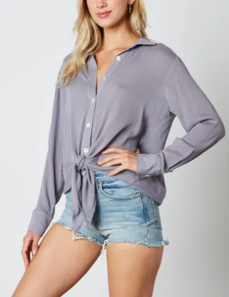 Long Sleeve Pearl Button Tie Collared Shirt