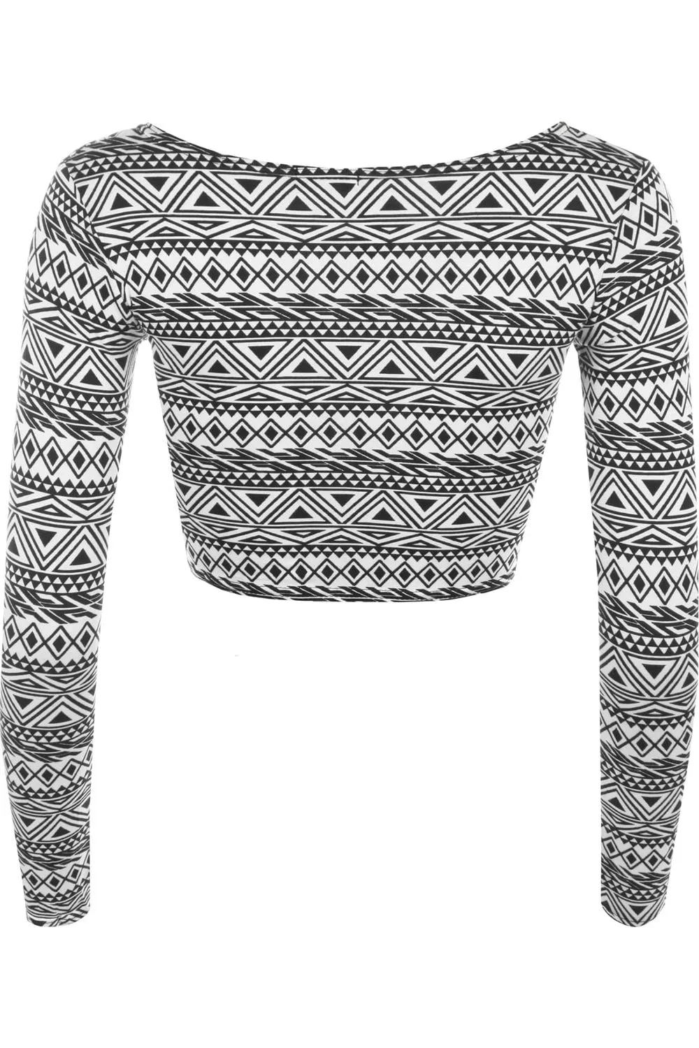 Long Sleeve Printed Crop Tops - Army, Aztec, Skull Rose, Black & White