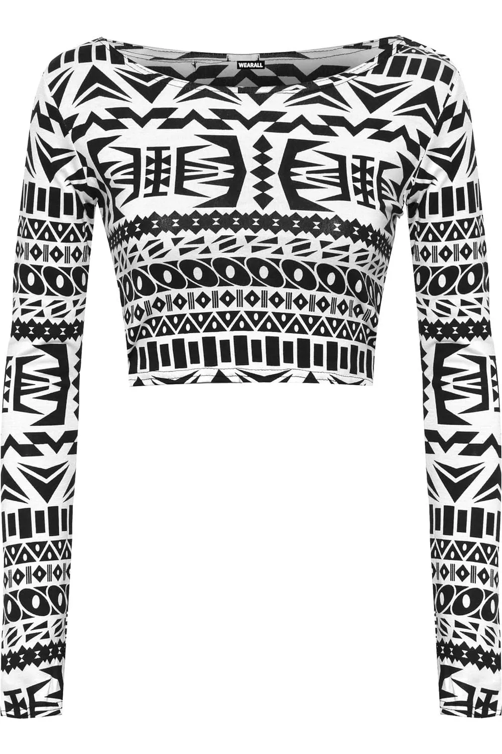 Long Sleeve Printed Crop Tops - Army, Aztec, Skull Rose, Black & White