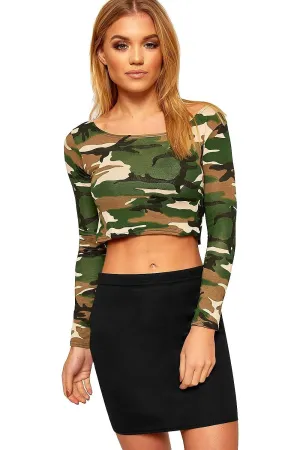 Long Sleeve Printed Crop Tops - Army, Aztec, Skull Rose, Black & White