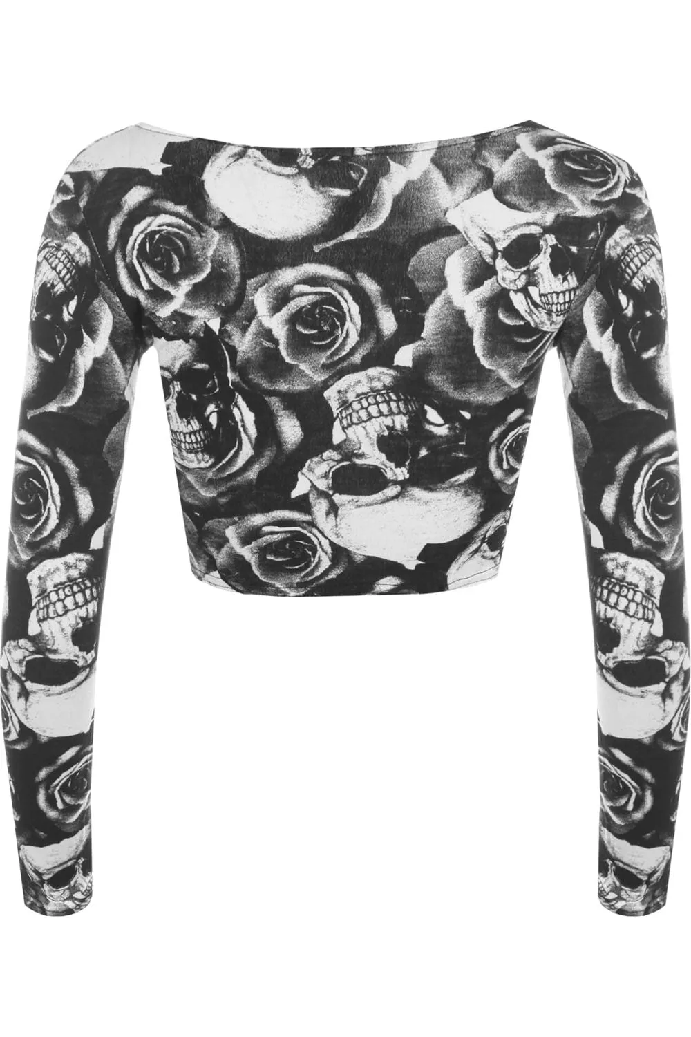 Long Sleeve Printed Crop Tops - Army, Aztec, Skull Rose, Black & White