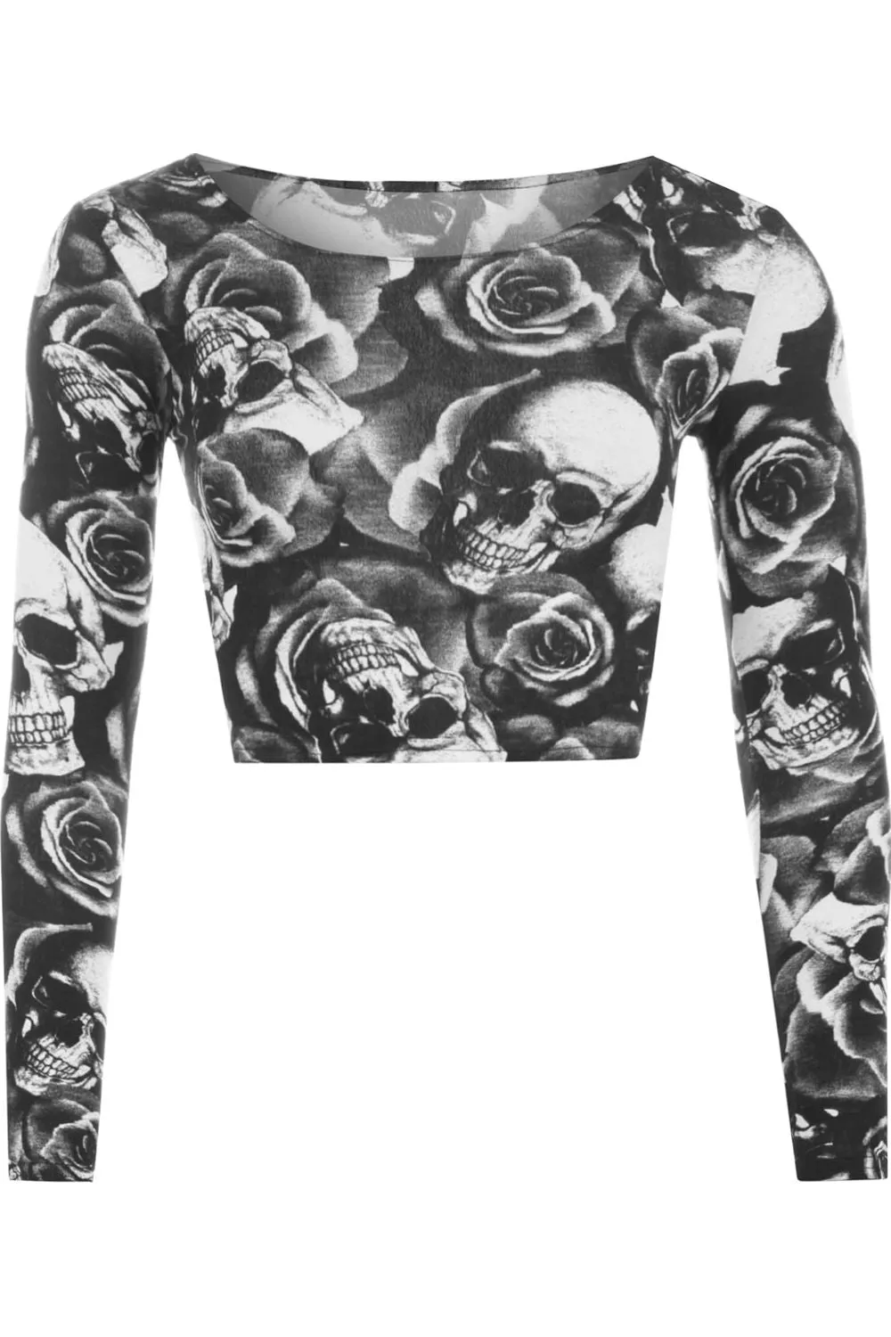 Long Sleeve Printed Crop Tops - Army, Aztec, Skull Rose, Black & White