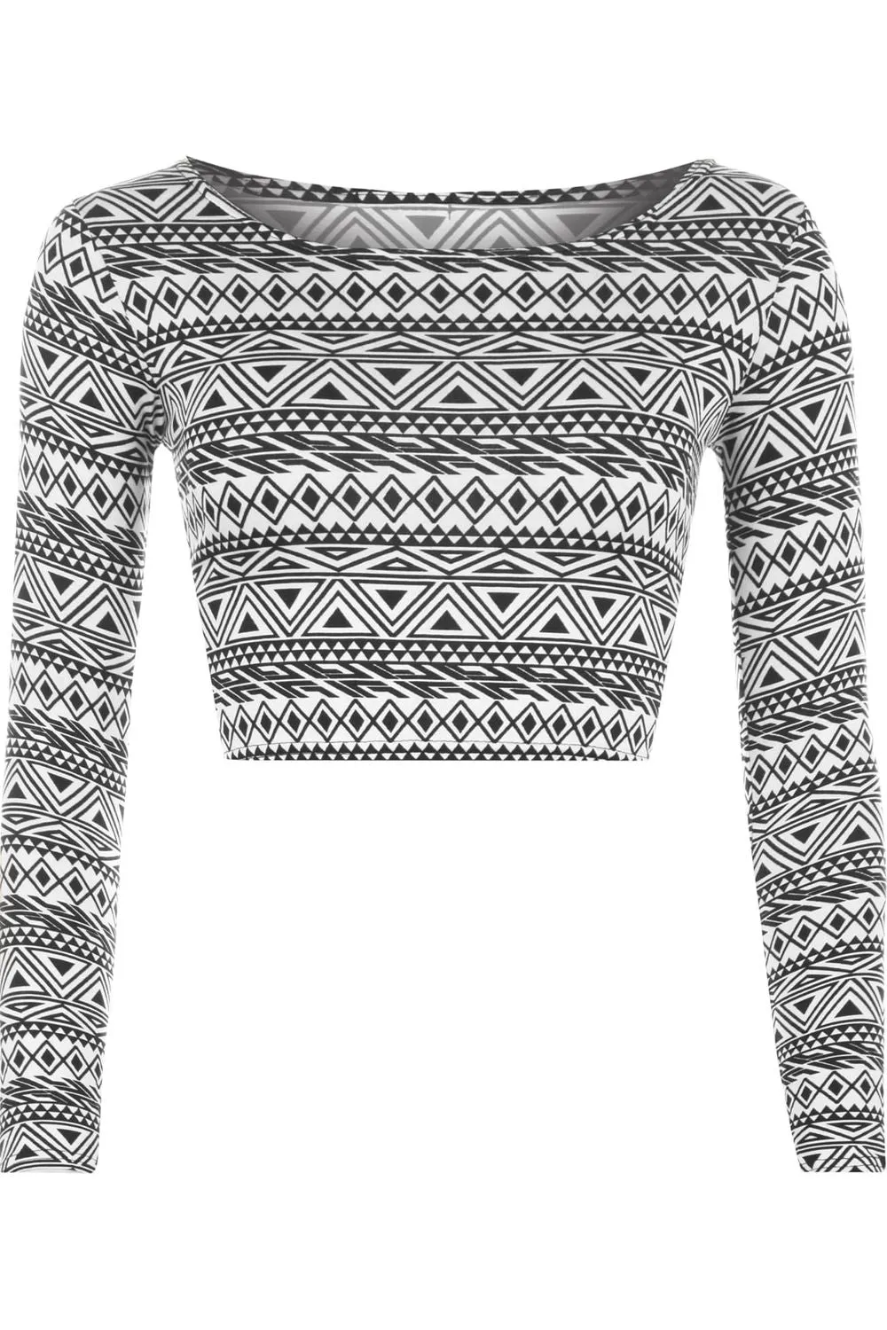 Long Sleeve Printed Crop Tops - Army, Aztec, Skull Rose, Black & White