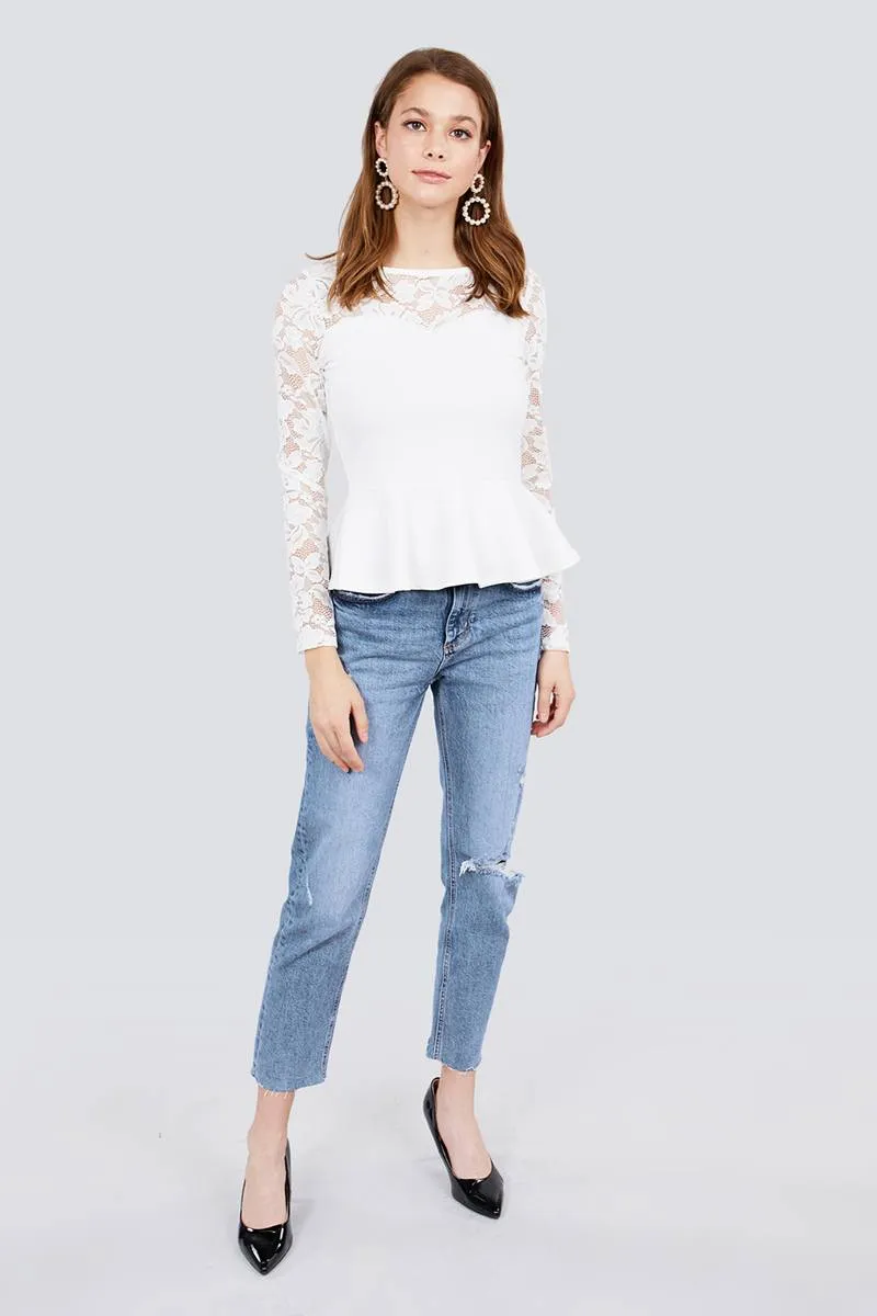 Long Sleeve Round Neck Lace Detail Peplum Knit Top