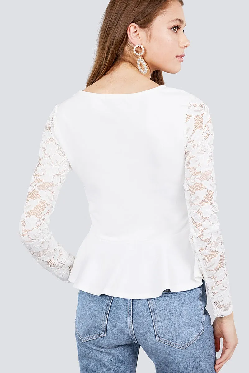 Long Sleeve Round Neck Lace Detail Peplum Knit Top