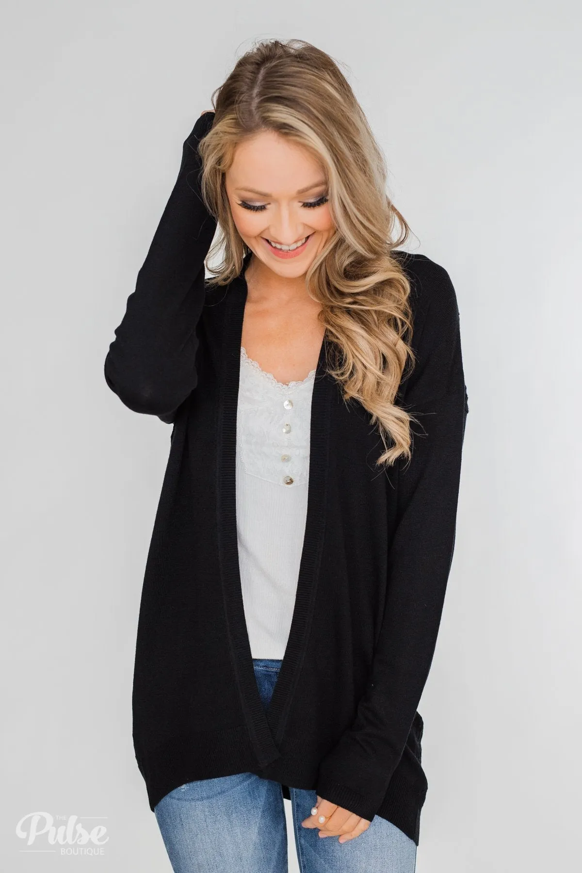 Long Sleeve Textured Back Cardigan- Black