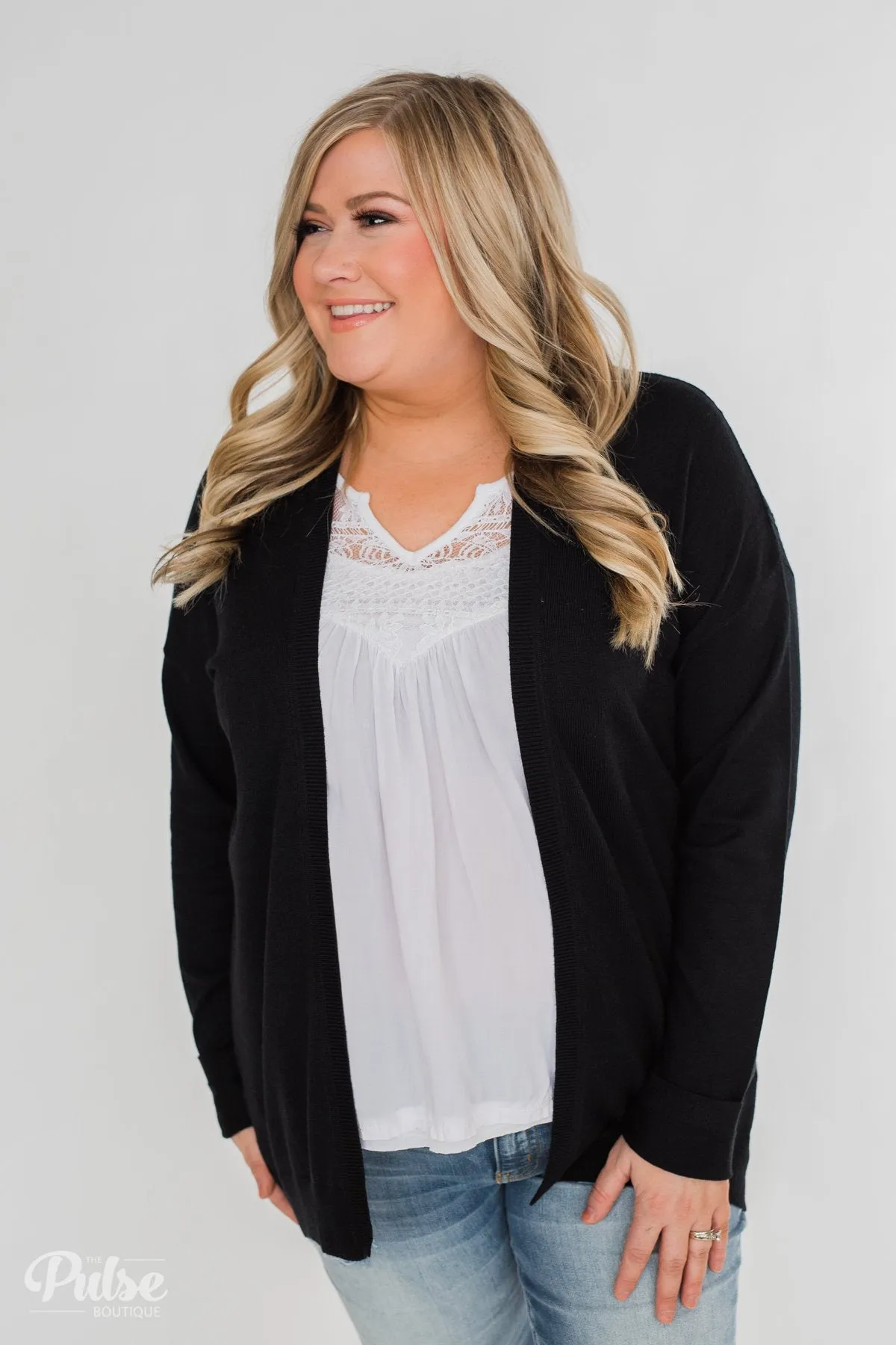 Long Sleeve Textured Back Cardigan- Black