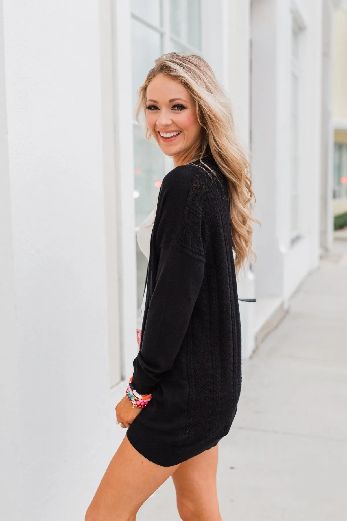 Long Sleeve Textured Back Cardigan- Black