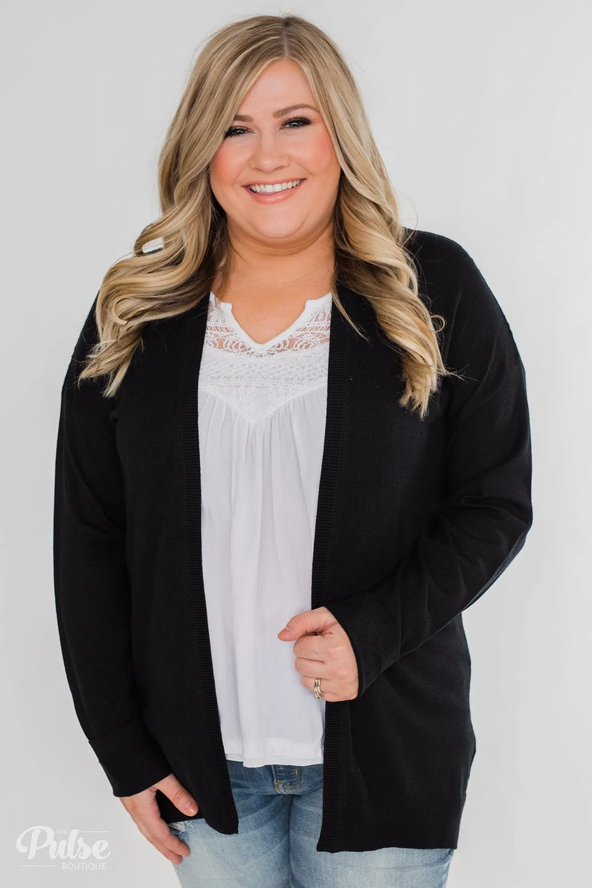 Long Sleeve Textured Back Cardigan- Black