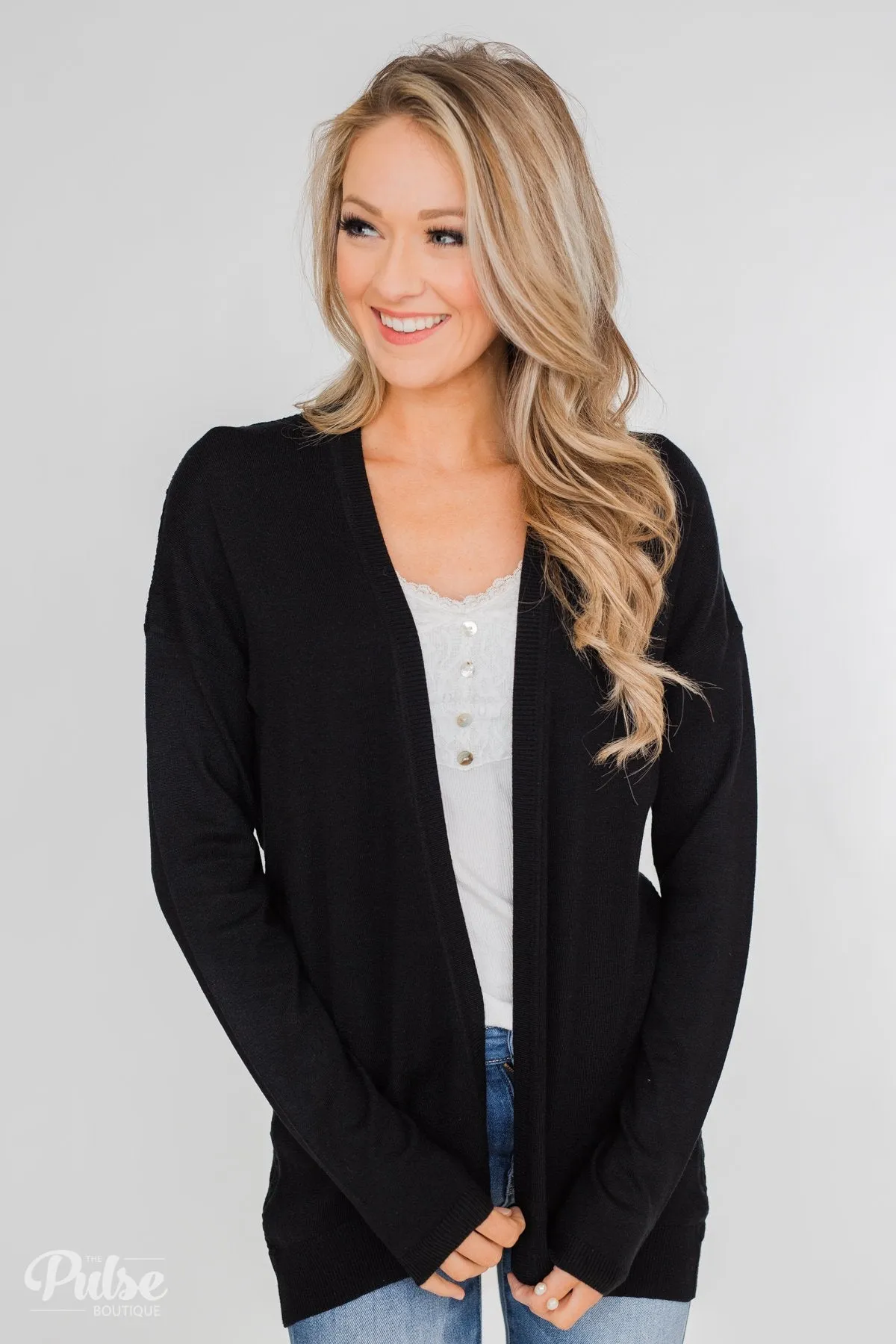 Long Sleeve Textured Back Cardigan- Black