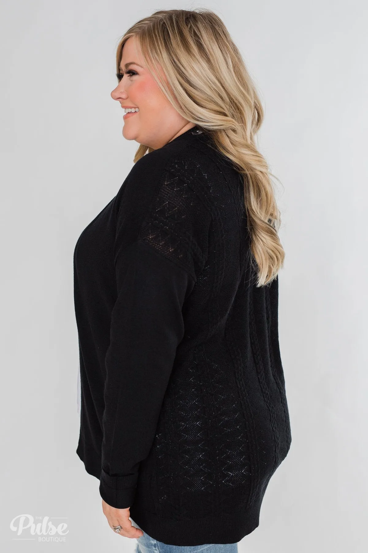 Long Sleeve Textured Back Cardigan- Black