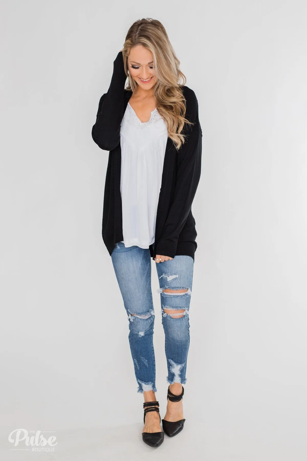 Long Sleeve Textured Back Cardigan- Black
