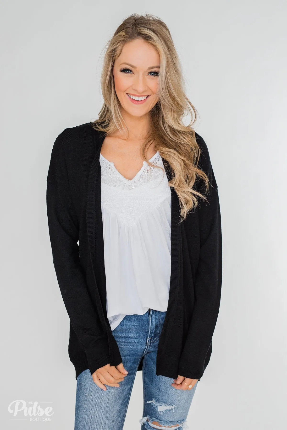 Long Sleeve Textured Back Cardigan- Black