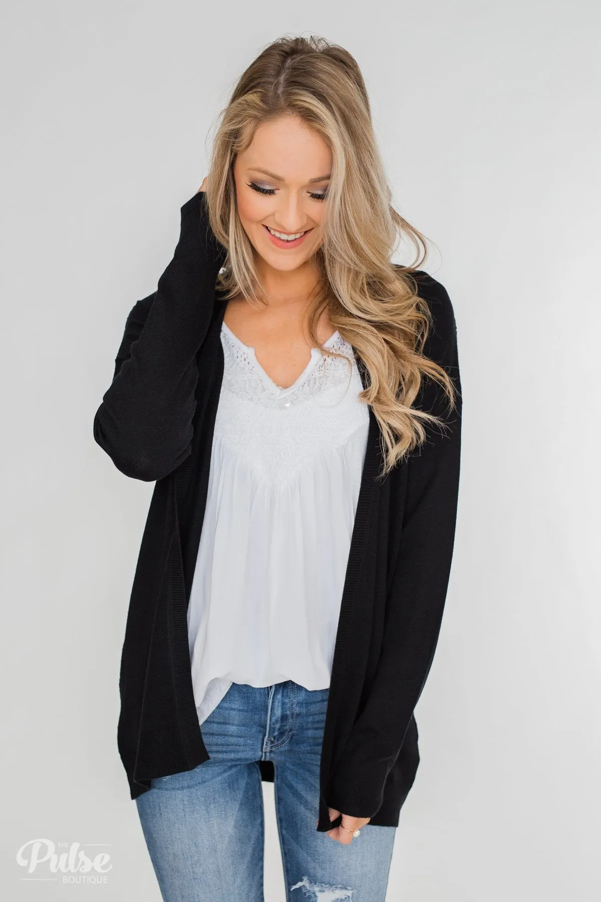 Long Sleeve Textured Back Cardigan- Black