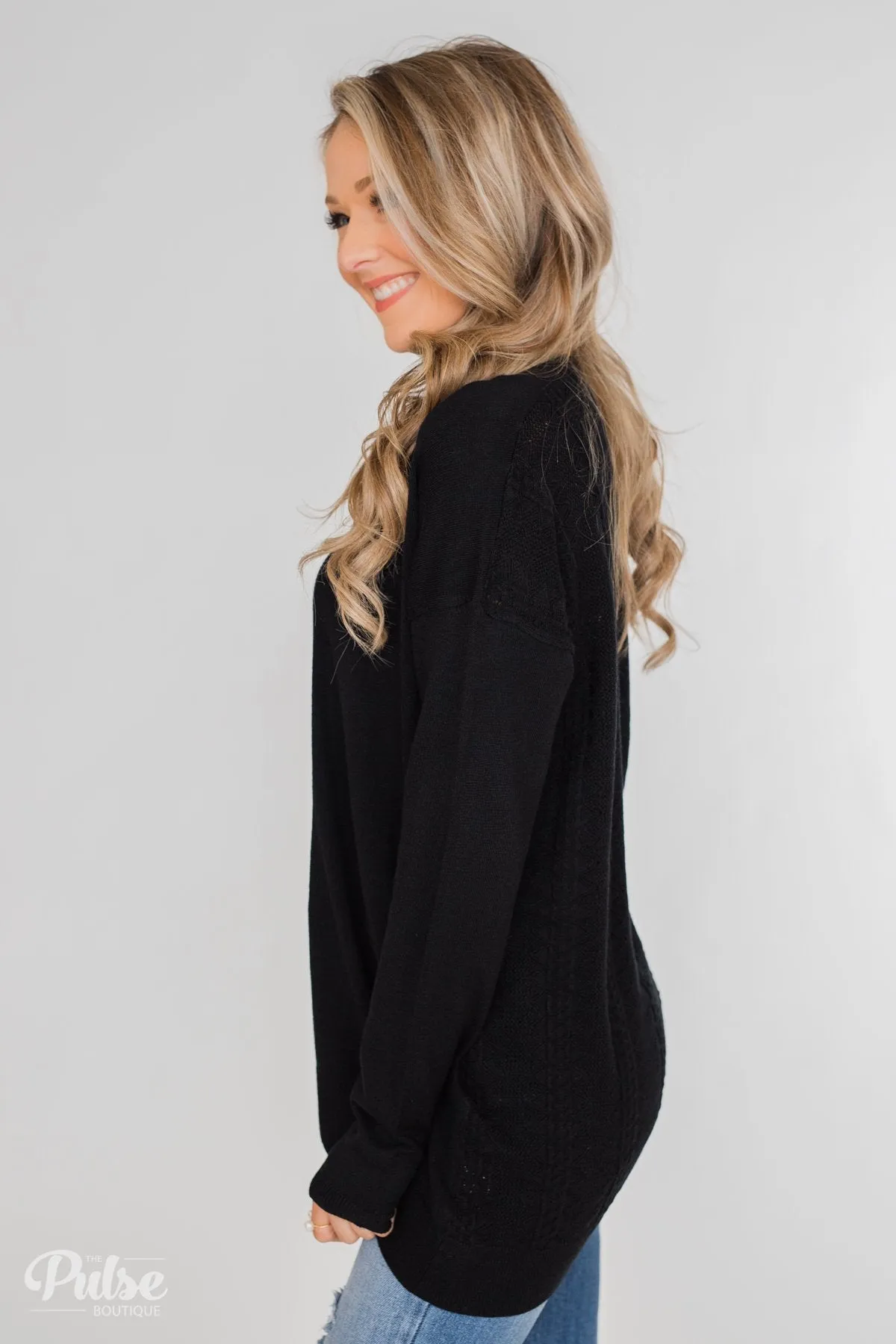 Long Sleeve Textured Back Cardigan- Black