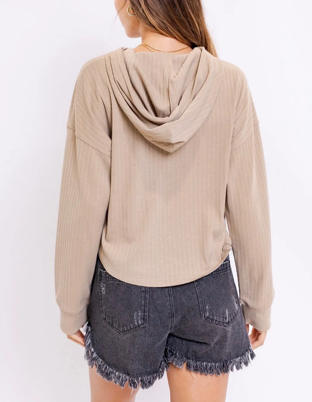 Long Sleeve Textured Rib Kangaroo Pocket Hoodie