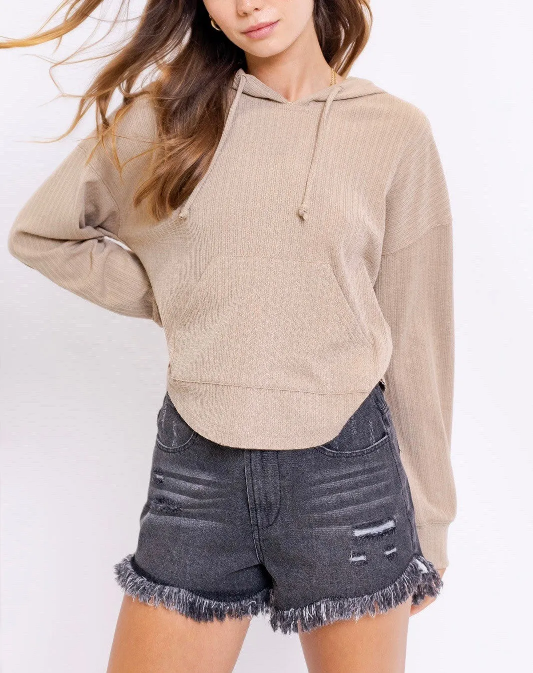 Long Sleeve Textured Rib Kangaroo Pocket Hoodie