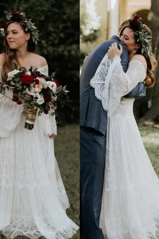 Long Sleevess Beach Beach Garden Tulle White Loose Wedding Dress