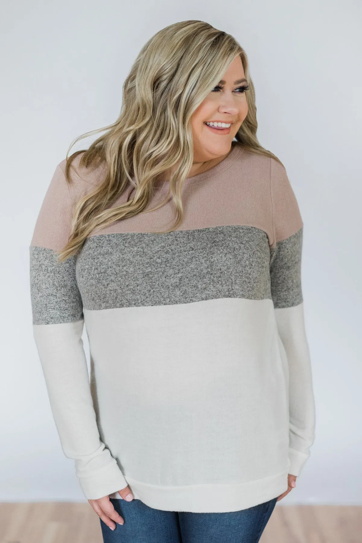 Lookin' Cute In A Color Block Top- Mauve, Grey, & Ivory