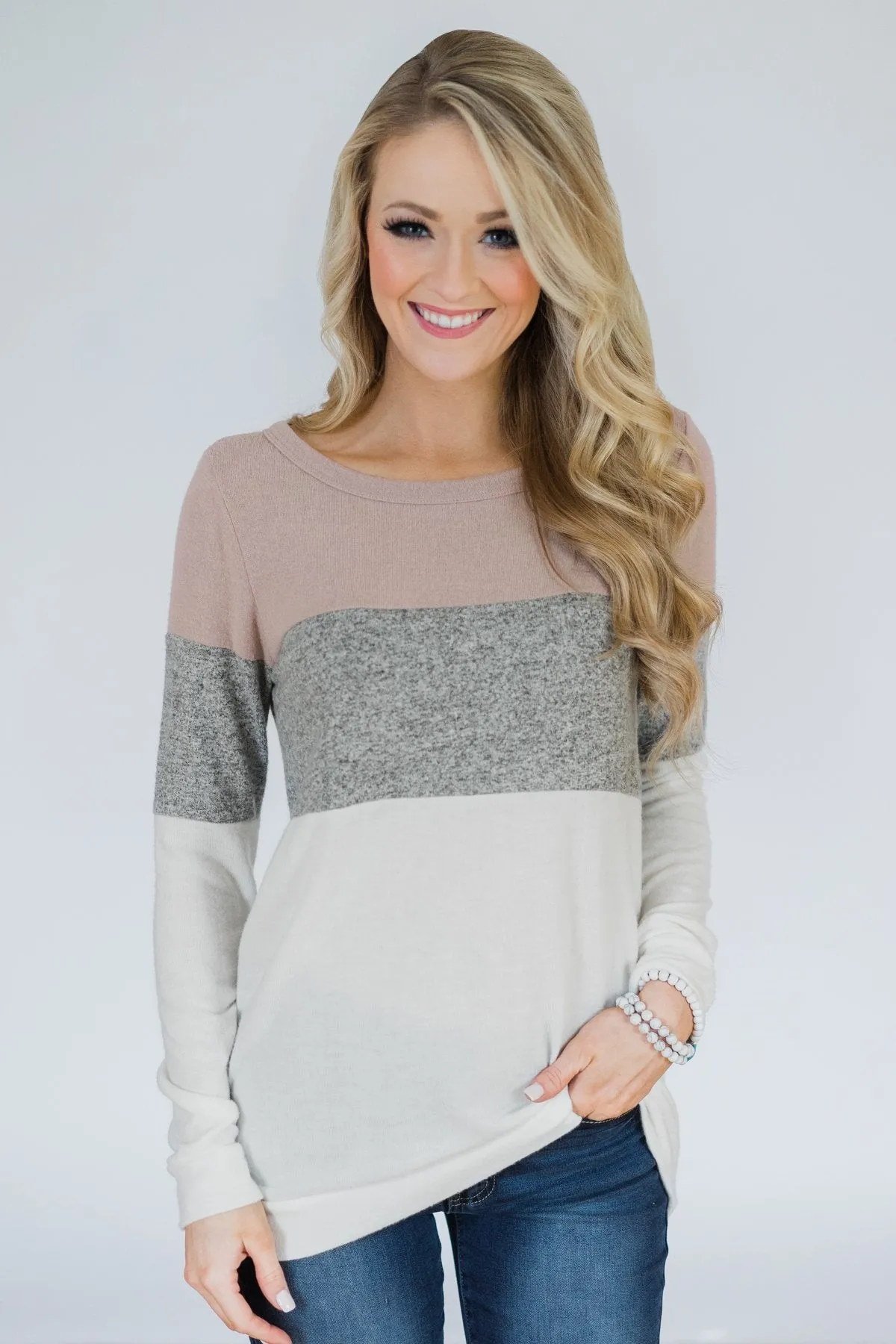 Lookin' Cute In A Color Block Top- Mauve, Grey, & Ivory