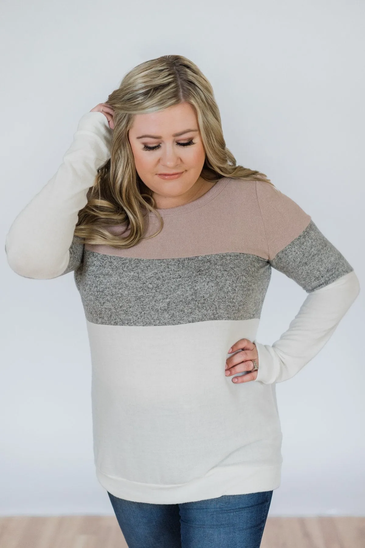 Lookin' Cute In A Color Block Top- Mauve, Grey, & Ivory