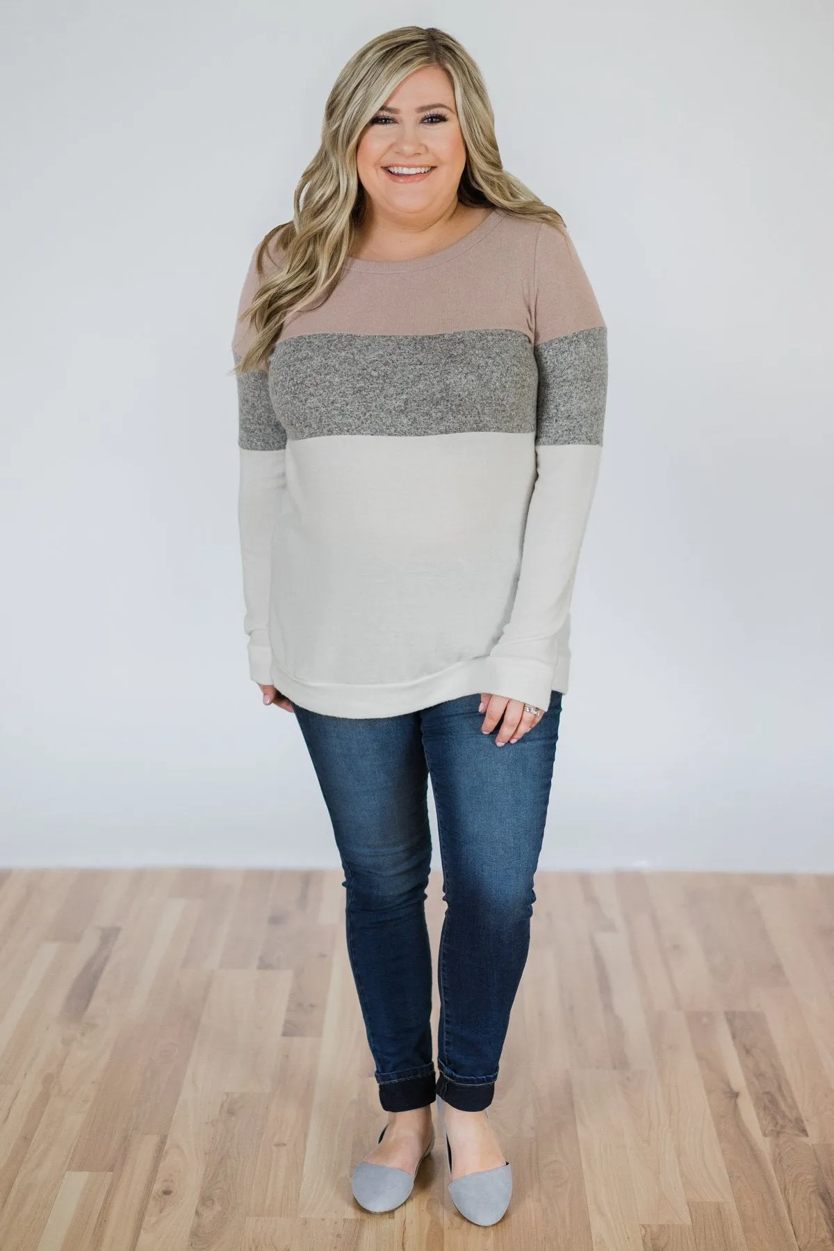 Lookin' Cute In A Color Block Top- Mauve, Grey, & Ivory