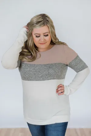Lookin' Cute In A Color Block Top- Mauve, Grey, & Ivory