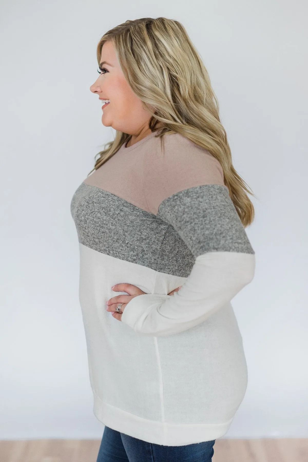 Lookin' Cute In A Color Block Top- Mauve, Grey, & Ivory