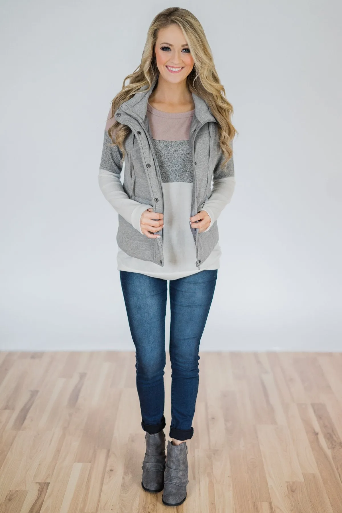Lookin' Cute In A Color Block Top- Mauve, Grey, & Ivory