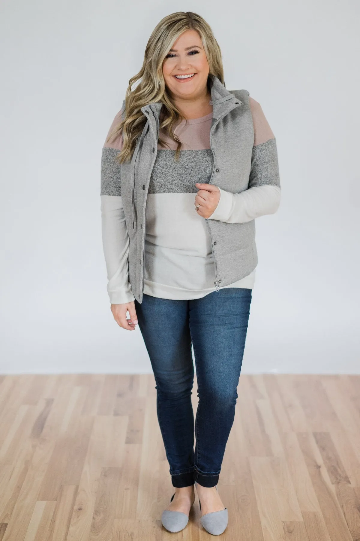 Lookin' Cute In A Color Block Top- Mauve, Grey, & Ivory